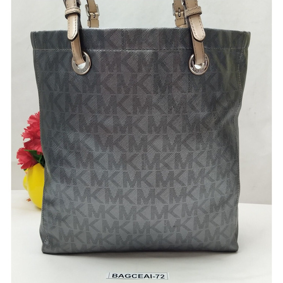 Michael Kors Jet Set Gray Leather MK Printed Double Handles Tote Shoulder Bag - Picture 3 of 16